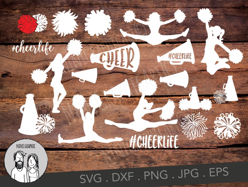 K&ouml;nnte beinhalten: Eine Sammlung von Cheerleading-Grafiken in Wei&szlig; und Rot, darunter Pompons, Megaphone und Silhouetten von Cheerleadern in verschiedenen Posen. Text enth&auml;lt "#cheerlife" und "CHEER". Der Hintergrund ist dunkles Holz.