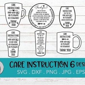 May include: Six care instruction designs for drinkware, featuring text like "Hand Wash Only" and "No Microwave." The designs are in various shapes, including mugs and tumblers, with a "Thank You!" message. The image also includes file format options.