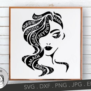 May include: Black and white art print of a woman's face with flowing hair. The hair is stylized with words like "Strong", "Virtuous", and "Loved". The print is framed in a brown wooden frame and includes the text "SVG. DXF. PNG. JPG. EPS".