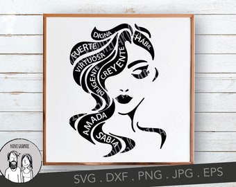 Mujer SVG, mujer cabello svg, Mujer Fuerte svg, mujer Virtuosa, Creyente, Diligente, Amada, Spanish file for cricut, dxf, png, eps, jpeg