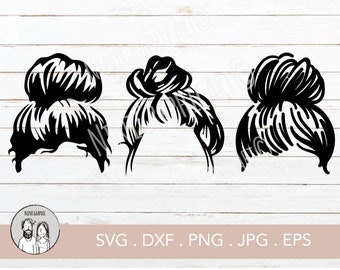 SVG Messy Bun / 3 Archivo de corte / Descarga instantánea / Vinilo Stencil htv / Bun desordenado / Diseño de camiseta / Cricut / Imágenes de clip imprimibles /
