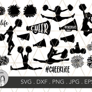 K&ouml;nnte beinhalten: Eine Sammlung von Cheerleading-Grafiken in Schwarz und Wei&szlig;, darunter Silhouetten von Cheerleadern, Megaphonen und Pompons. Der Text "#cheerlife" und "CHEER" ist ebenfalls enthalten. Die Grafiken sind vor einem geometrischen Hintergrund angeordnet.