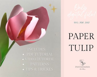 Plantilla de tulipán de papel SVG / Flor de papel 3D / Archivo recortable + PDF imprimible