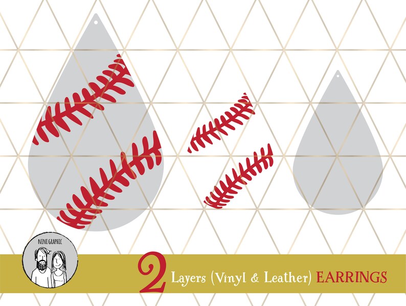 May include: Baseball-themed teardrop earrings. The earrings are gray with red stitching, resembling a baseball. The image includes the text "2 Layers (Vinyl & Leather) EARRINGS". The background features a geometric pattern.