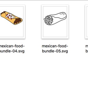 May include: A collection of eight digital illustrations featuring various Mexican food items including tacos and burritos, presented in both full-color and black-and-white line art styles, arranged in a horizontal row with individual file labels.
