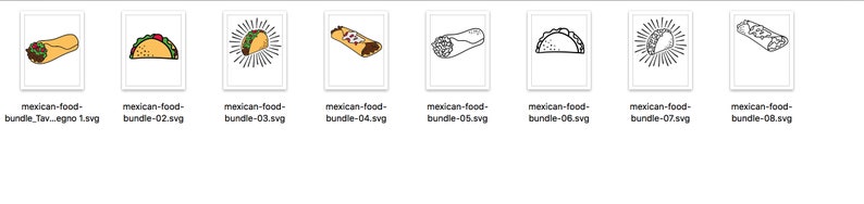 May include: A collection of eight digital illustrations featuring various Mexican food items including tacos and burritos, presented in both full-color and black-and-white line art styles, arranged in a horizontal row with individual file labels.