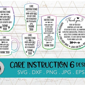 May include: A digital design featuring six care instruction templates for drinkware. Each design includes text such as "Hand wash only," "No microwave," and "Thank you!" The designs are in various shapes, including a mug, a wine glass, and a tumbler.