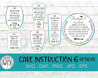 Paquete de tarjetas de cuidado SVG / Instrucciones de cuidado de vasos, tazas y vasos / Tarjetas listas para usar