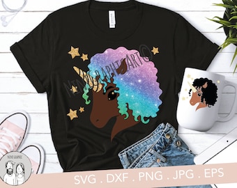 Archivo de corte e imagen prediseñada imprimible de unicornio afro negro, SVG de unicornio, SVG de unicornio lindo, SVG de unicornio para niña de cumpleaños, SVG mágico, Cricut, silueta