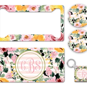 Vintage Retro Flower Floral Monogram Frame and Stripes Infinity Interlocking Monogram Auto License Plate Frame Car Coaster Key Chain AP0008