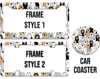 Cat Paws Print - Thick Plastic Frame - UV Printed - Car Coaster Set - Auto License Plate Frame - LPF0010