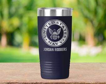 U.S. Navy Custom Name Text Vacuum Insulated Coffee Tumbler with Lid Travel Mug Gift 20 oz Veteran Serving Father's Day Gift