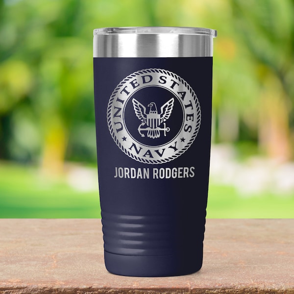 U.S. Navy Custom Name Text Vacuum Insulated Coffee Tumbler with Lid Travel Mug Gift 20 oz Veteran Serving Father's Day Gift