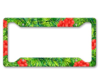 Bright Realistic Tropical Palm Leaves and Red Hibiscus Flowers - Boho Hippie Earthy Nature Natural - Auto Car License Plate Frame - LP1904