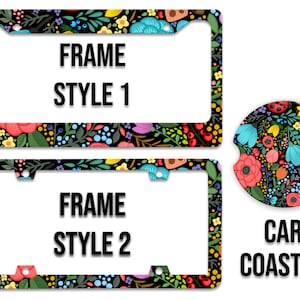 Bright All Over Flower Pattern Print - Bright Colored Boho Hippie Folk Floral Pattern Auto License Plate Frame Car Coaster Key Chain LPF0034