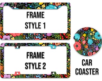 Bright All Over Flower Pattern Print - Bright Colored Boho Hippie Folk Floral Pattern Auto License Plate Frame Car Coaster Key Chain LPF0034