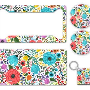 Bright All Over Flower Pattern Print Bright Colored Boho Hippie Folk Floral Pattern Auto License Plate Frame Car Coaster Key Chain AP0046 image 1