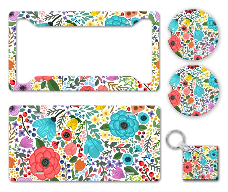 Bright All Over Flower Pattern Print Bright Colored Boho Hippie Folk Floral Pattern Auto License Plate Frame Car Coaster Key Chain AP0046 image 1