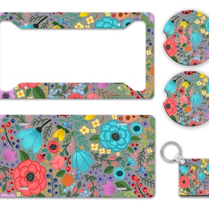 Bright All Over Flower Pattern Print - Bright Colored Boho Hippie Folk Floral Pattern Auto License Plate Frame Car Coaster Key Chain AP0038