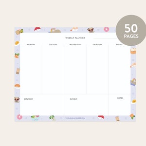 May include: A weekly planner with a light purple background and a border of cute cartoon food and animals. The planner is divided into seven sections for each day of the week, with a notes section on the right. The planner has 50 pages and is available at ticklemelaveneder.com.
