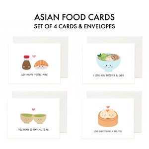 voedselkaarten, Aziatische kaarten, grappige kaartenset, grappige wenskaarten humor, woordspelingen Aziatisch eten, Aziatische woordspelingen, pho-kaart, liefdeskaartenset, liefdeskaarten voor hem, sushi