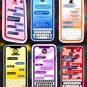 May include: Six smartphone stickers featuring distinct color themes and text message conversations. Each phone displays a unique chat interface with a contact name at the top, various speech bubbles containing dialogue, and a QWERTY keyboard at the bottom.