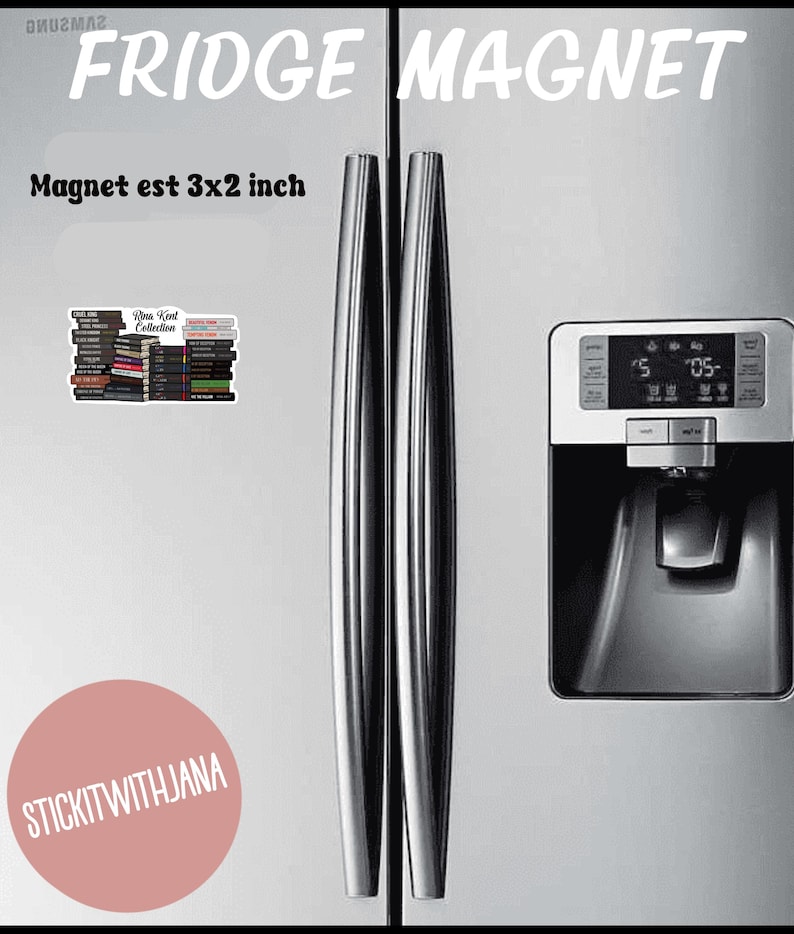 May include: A fridge magnet with the text "FRIDGE MAGNET" and "Magnet est 3x2 inch". The magnet features a stack of books. The magnet is 3 inches by 2 inches.