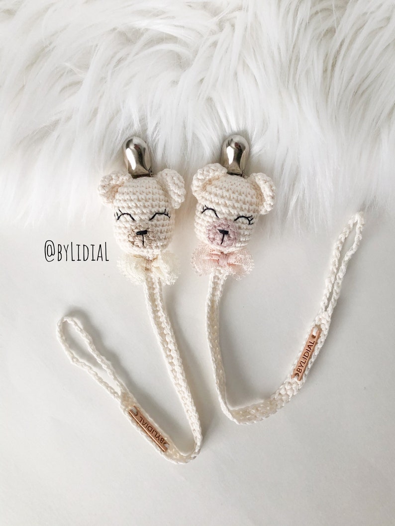 Handmade Crochet Bear Pacifier clip with lace bow tie