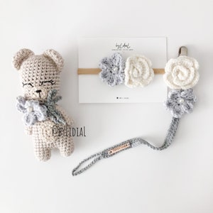 Gehäkelte Bär Blume Schnuller Clip Nylon Stirnband handmade Baby Shower Geschenk Idee Neugeborenen Foto Prop Kleinkind Säugling