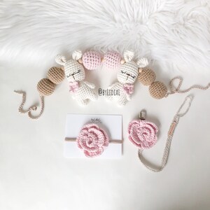 Conjunto de coelho de crochê, brinquedo para assento de carro, chupeta, prendedor e faixa de cabeça, ideia de presente para chá de bebê, acessório para foto de recém-nascido feito à mão, criança pequena e infantil