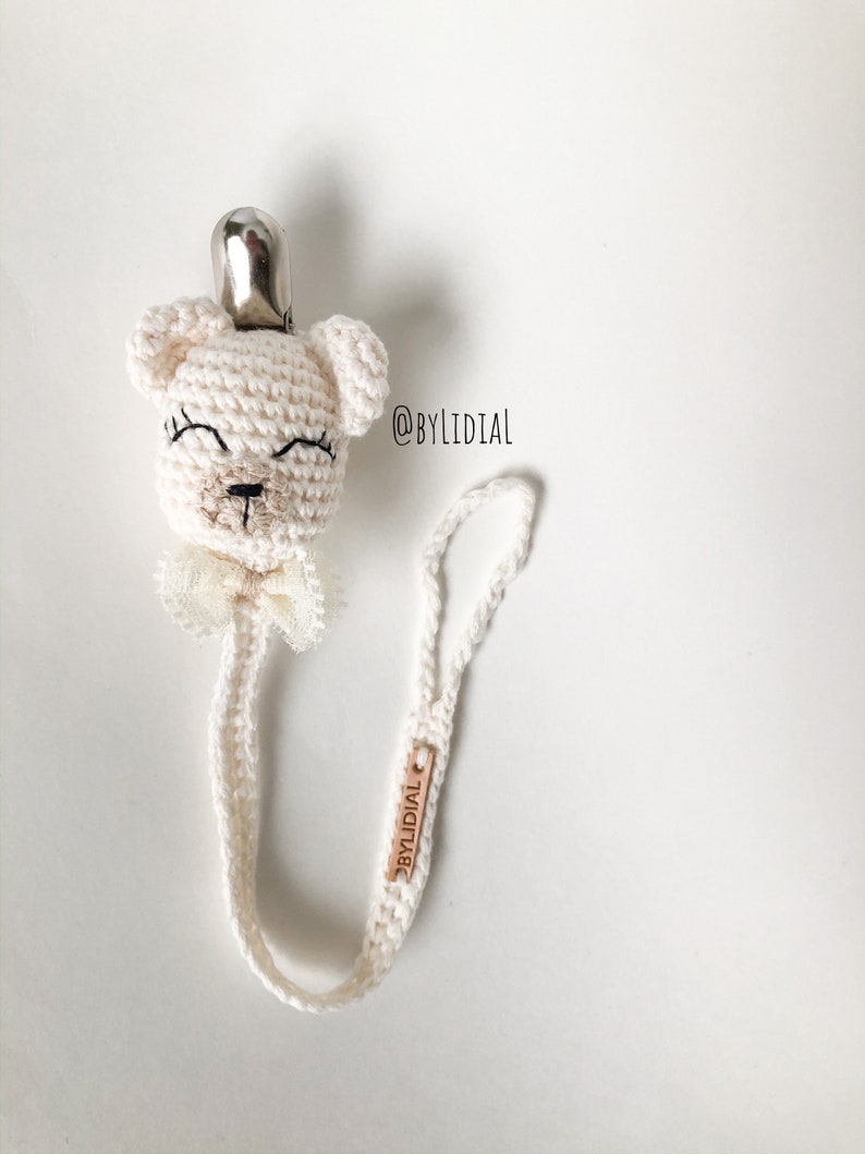 Handmade Crochet Bear Pacifier clip with lace bow tie