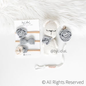 Conjunto de brinquedos de urso de crochê, bicho de pelúcia, flor, prendedor de chupeta, faixa de cabeça de nylon, ideia de presente para chá de bebê, adereço para foto de recém-nascido, criança pequena, bebê