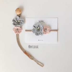 Gehäkelte Blume Schnuller Clip Haar Nylon Stirnband Handmade Neugeborenen Foto Prop Kleinkind Säugling Baby Shower Geschenk Idee