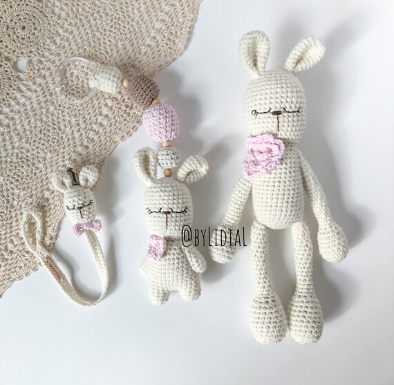 Crochet Cute Bunny Toy Gift Set 3pc - Personalised Dummy Clip