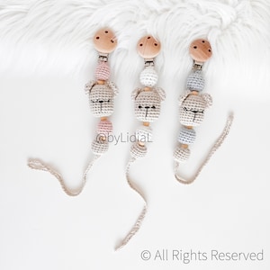 Crochet Pacifier Clip Bear With Closed Eyes Handmade