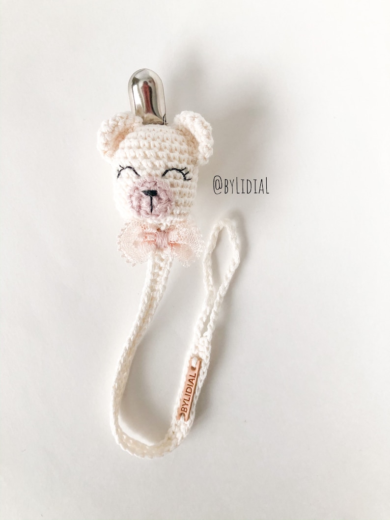 Handmade Crochet Bear Pacifier clip with lace bow tie
