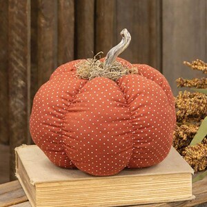 May include: A stuffed fabric pumpkin in a burnt orange color featuring a white polka dot pattern. The pumpkin has a curved, light-colored stem and a cluster of dried natural fibers at the top where the stem meets the rounded, segmented body.