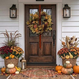 May include: A dark wood front door features a hanging autumn wreath made of brown, orange, and yellow leaves, pinecones, and small fruits. Two woven baskets filled with colorful chrysanthemums, tall grasses, and pumpkins flank the door.