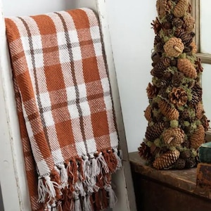 May include: A woven throw blanket with a plaid pattern in shades of orange, white, and brown, with a fringe along the bottom edge. A decorative cone-shaped tree made of pinecones and moss is also visible.