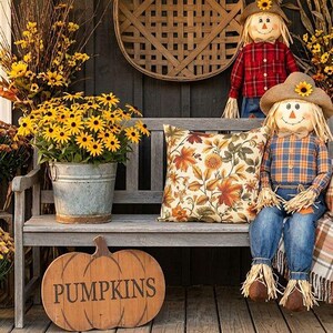 May include: A wooden bench featuring two scarecrow dolls, a square pillow with a fall leaf pattern, a galvanized metal bucket filled with yellow flowers, and a wooden pumpkin-shaped sign with the word PUMPKINS printed in black lettering.