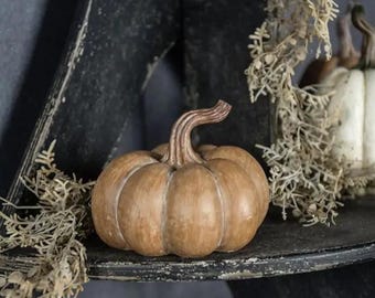 May include: A small, brown pumpkin with a curved stem sits on a dark shelf. The pumpkin has vertical ridges and a textured surface. Dried, beige-colored foliage is draped around the shelf, suggesting a fall or harvest theme.