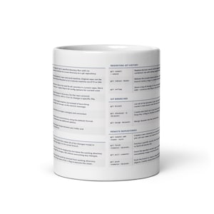 Può includere: Una tazza in ceramica bianca con un design blu che presenta un elenco di comandi Git e le loro descrizioni. La tazza è un ottimo regalo per programmatori e sviluppatori.