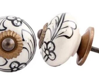 Vintage Hand Painted Black & White Floral Knob