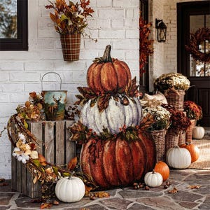 May include: A stacked pumpkin decoration featuring three painted pumpkins in orange and white, adorned with autumn leaves. The display includes a metal bucket with a deer illustration, a wooden crate, white pumpkins, and woven baskets with flowers.