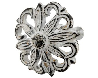 Antiqued White Floral Metal Knob