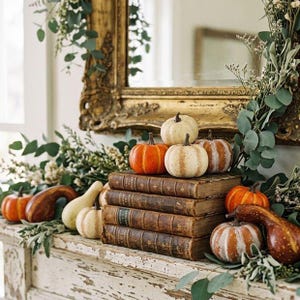 May include: A stack of four antique leather-bound books topped with a collection of small pumpkins and gourds in shades of orange, white, and brown, accented by green eucalyptus leaves and dried flowers, set before an ornate gold-framed mirror.