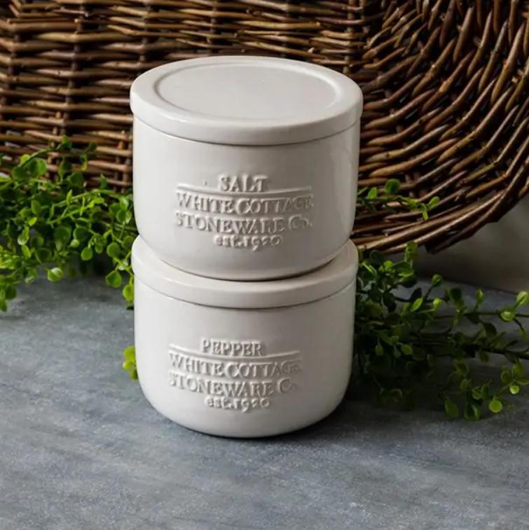 Antique White Cottage Farmhouse Salt and Pepper Cellar Set