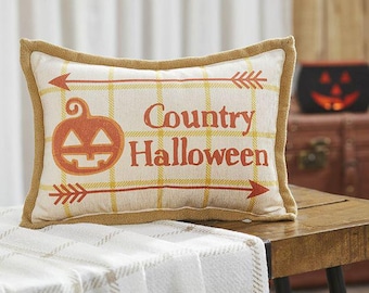 Juego de 2 cojines con estampado vintage de calabazas de Halloween estilo campestre a cuadros.