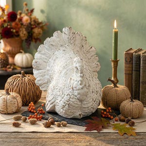 May include: A white turkey figurine with a distressed finish and a fanned tail, displayed alongside two burlap-covered pumpkins, a birch-bark pumpkin, a green taper candle in a brass holder, orange berries, and scattered autumn leaves.