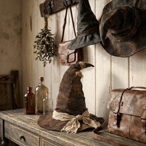 May include: A weathered brown pointed hat with a frayed cream-colored fabric band tied around the base. The hat features a distressed texture and a slumped, conical crown, displayed alongside leather bags and glass bottles on a wooden surface.